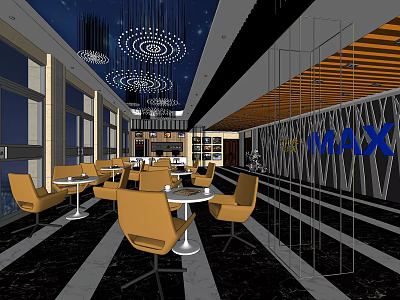 Modern Cinema Interior With IMAX Sign Yellow Chairs Round Tables And Chandeliers 3d model