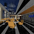 Modern Cinema Interior With IMAX Sign Yellow Chairs Round Tables And Chandeliers