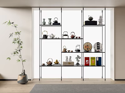 Decorative Ornaments Set on Modern Shelf with Vases Teapots Statues Plates Books and Bamboo Plant 3d model