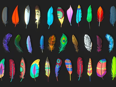 Colorful Feather Decorative Ornament Set with Various Patterns and Vibrant Hues 3d model