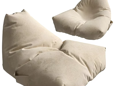 Set Of Two Comfortable Beige Fabric Bean Bag Sofa Stools For Living Room 3d model