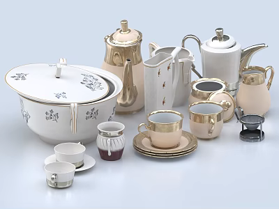 Elegant Porcelain Tea Set Collection With Gold Accents Teapot Cups And Saucers 3d model