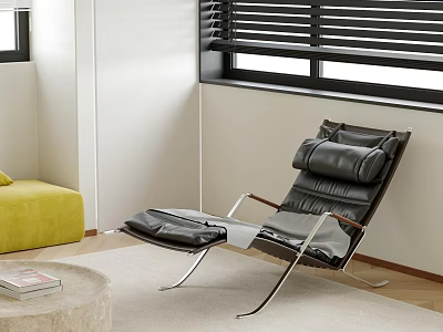 Black Leather Recliner in Modern Living Room with Yellow Sofa Round Coffee Table Window Blinds 3d model