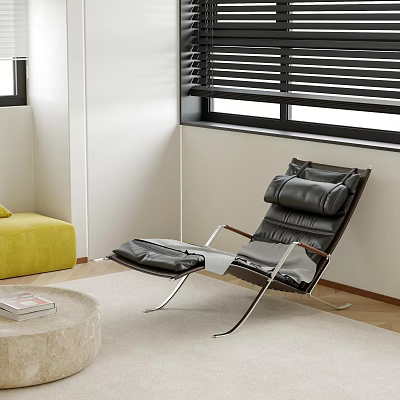 Black Leather Recliner in Modern Living Room with Yellow Sofa Round Coffee Table Window Blinds 3d model