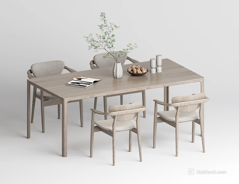 Modern Light Wood Dining Table Set With Upholstered Chairs And Tabletop Decor 3d model