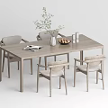 Modern Light Wood Dining Table Set With Upholstered Chairs And Tabletop Decor 3d model