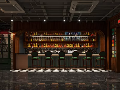 Modern Bar Interior With Well Stocked Bottle Shelves Comfortable Bar Stools And Warm Lighting 3d model