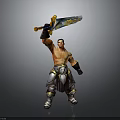 Shirtless Man in Silver Armor Pants Holding Ornate Sword with Raised Arm