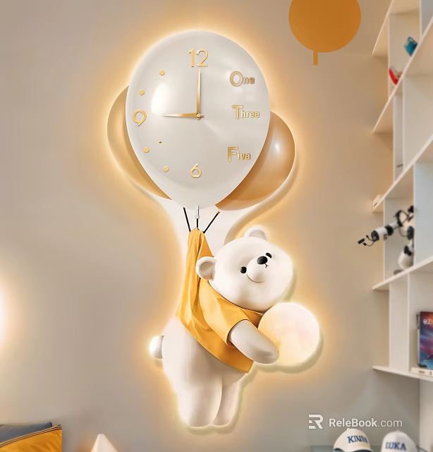 Cute Teddy Bear Wall Decor With Yellow Outfit Balloon Clock And Time Fun Design 3d model 