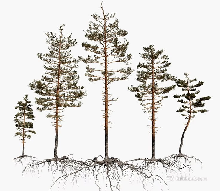 Various Heights Trees with Exposed Root Systems Growing Naturally 3d model 