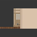 Cartoon Scene of Cozy Wooden Room Interior with Grid Windows Table Bookshelf and Decorative Elements