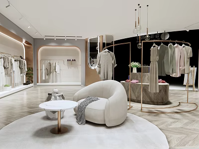 Modern Clothing Store Interior With Hanging Garments Cozy Armchair And Stylish Displays 3d model