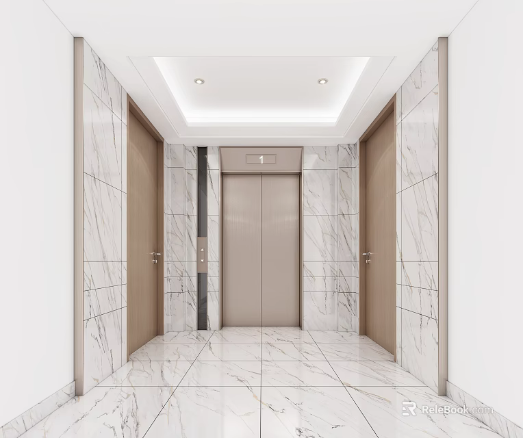 Elevator Hallway with Marble Walls Flooring Ceiling Lights and Modern Elevator Doors 3d model