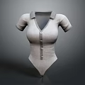 Gray Collared V Neck Bodysuit With Short Sleeves And Front Buttons 3d model