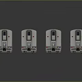 Modern Silver Train with Blue Stripes and Multiple Carriages Arranged in Line