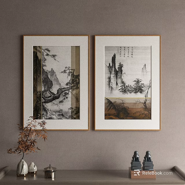 Chinese Landscape Paintings Framed Wooden Frames Hanging On Wall With Mountains Trees Water Calligraphy Inscriptions Decorative Plants Nearby 3d model 
