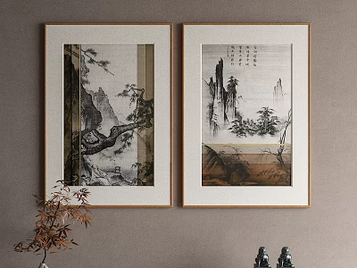 Chinese Landscape Paintings Framed Wooden Frames Hanging On Wall With Mountains Trees Water Calligraphy Inscriptions Decorative Plants Nearby 3d model