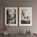 Chinese Landscape Paintings Framed Wooden Frames Hanging On Wall With Mountains Trees Water Calligraphy Inscriptions Decorative Plants Nearby