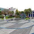 Outdoor Public Square Featuring Blue Circular Ground Patterns Round Structure Trees And White Sculptures 3d model