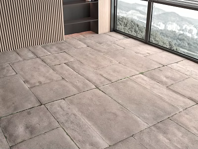 Indoor Floor Design Using Gray Stone Tiles With Natural Light And Mountain View 3d model