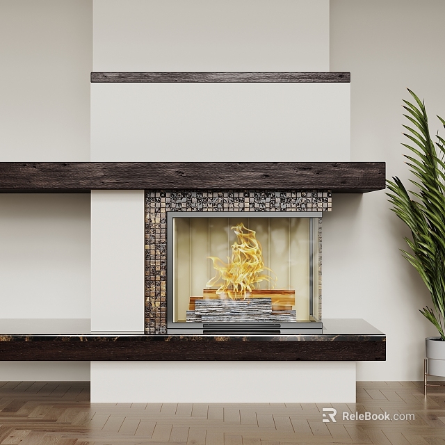 Modern Fireplace Interior Design With Wooden Mantel Golden Flames And Stacked Firewood 3d model 