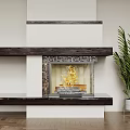 Modern Fireplace Interior Design With Wooden Mantel Golden Flames And Stacked Firewood