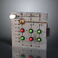 Industrial Control Panel With Red Green Buttons And Brass White Knobs On Metal Plate 3d model