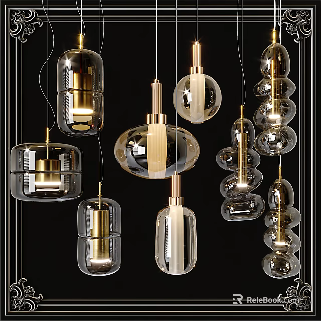 Modern Pendant Lights With Transparent Glass Golden Metal Accents And Various Shapes 3d model 