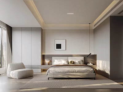 Modern Bedroom Interior Design With Bed Wardrobe Lighting Artwork And Rug 3d model