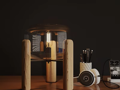 Vintage Wooden Table Lamp with Edison Bulb on Desk Featuring Pencils Headphones and Phone 3d model