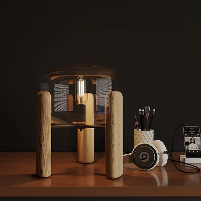 Vintage Wooden Table Lamp with Edison Bulb on Desk Featuring Pencils Headphones and Phone 3d model