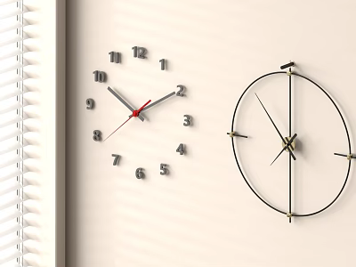 Two Stylish Wall Clocks Near Window Blinds 3d model