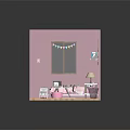 Cartoon Style Pink Bedroom With Bed Desk Lamp Bookshelf And Decorative Posters