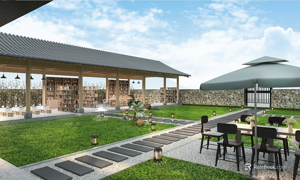 Rural Landscape with Wooden Pavilion Black Tiled Roof Green Lawn Stone Path Lanterns Outdoor Furniture 3d model 