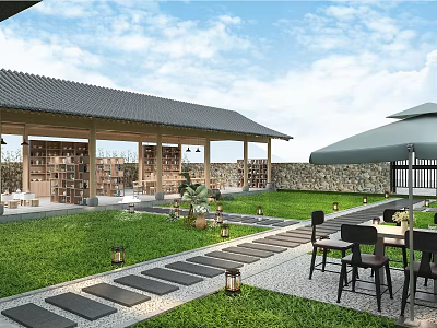 Rural Landscape with Wooden Pavilion Black Tiled Roof Green Lawn Stone Path Lanterns Outdoor Furniture 3d model