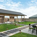Rural Landscape with Wooden Pavilion Black Tiled Roof Green Lawn Stone Path Lanterns Outdoor Furniture