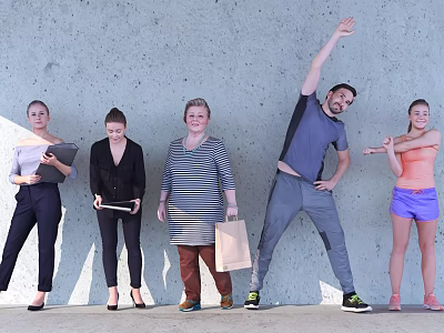 Group of People With Various Poses Standing Against Concrete Wall Holding Documents And Shopping Bag 3d model