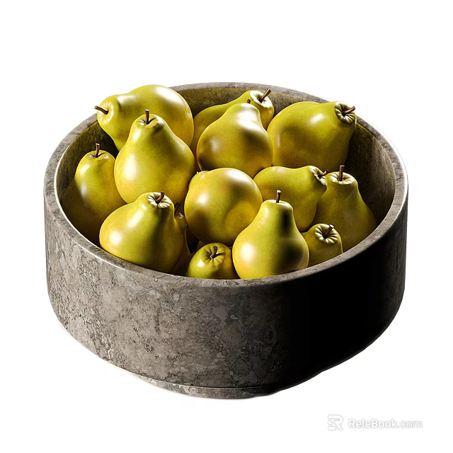 Ripe Yellow Pears in a Rustic Stone Bowl for Fresh Fruit 3d model 