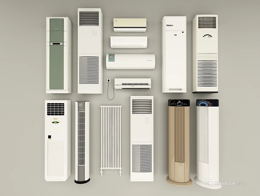 Various Types of Air Conditioner Fans Including Standing Wall Mounted And Tower Units 3d model 