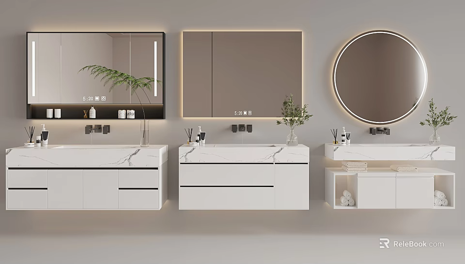 Modern Bathroom Vanities With Marble Countertops Rectangular Round Mirrors White Cabinets LED Lighting 3d model