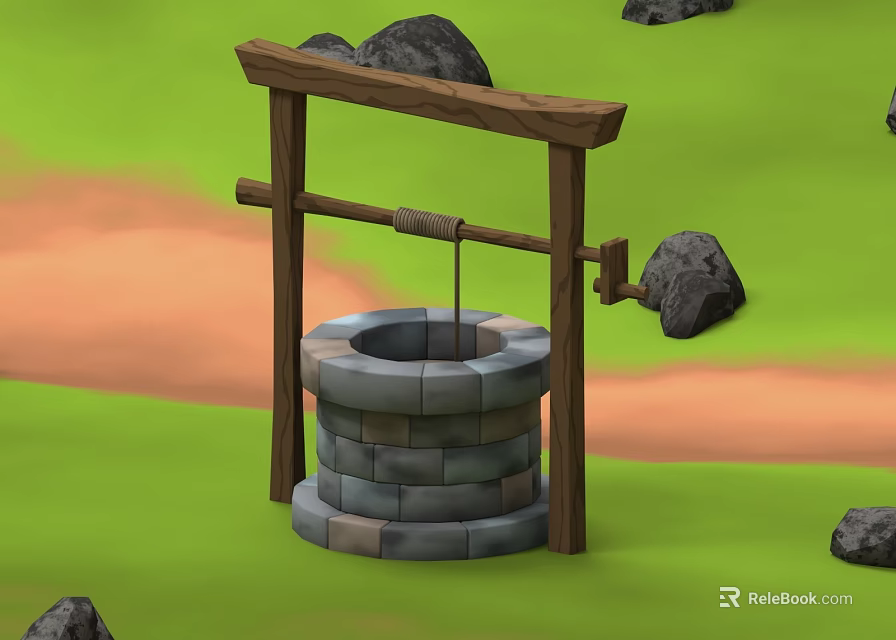 Traditional Stone Well with Wooden Frame in Green Grass and Stones 3d model 