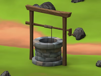 Traditional Stone Well with Wooden Frame in Green Grass and Stones 3d model