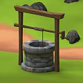 Traditional Stone Well with Wooden Frame in Green Grass and Stones