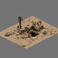Ancient Ruined Architectural Components With Stone Blocks And Pillar On Sandy Ground 3d model
