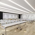 Modern Conference Room with Large Display Screen White Tables Chairs Wooden Flooring and Perforated Ceiling