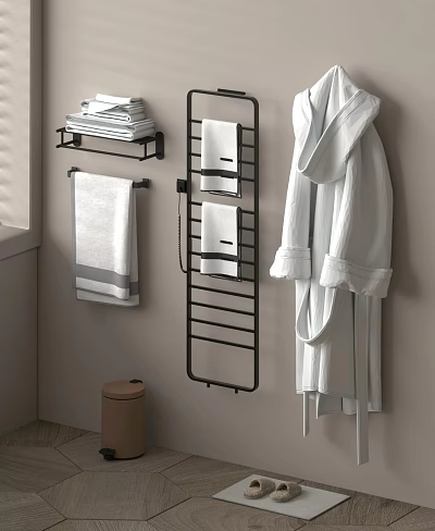 Wall Mounted Bathroom Accessories With Towel Rack Hanging Towels And Bathrobe 3d model