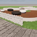 Modern Urban Park Landscape With Trees Circular Tables Paved Ground And Curved Seating Areas