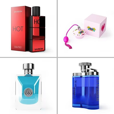 Stylish Colorful Perfume Cosmetics With Various Bottles And Pink Red Blue Packaging 3d model