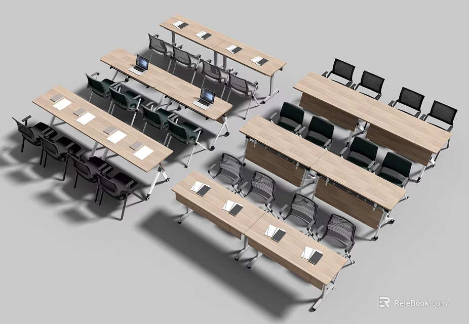 Wooden Conference Tables Arranged With Black Chairs And Laptops In Meeting Room Setup 3d model 