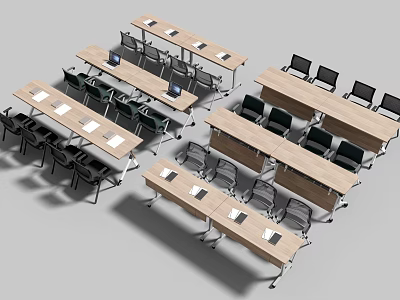 Wooden Conference Tables Arranged With Black Chairs And Laptops In Meeting Room Setup 3d model